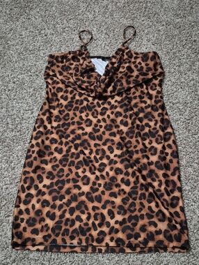 Leopard Print Cowl Neck Slip Dress - Brown & Black